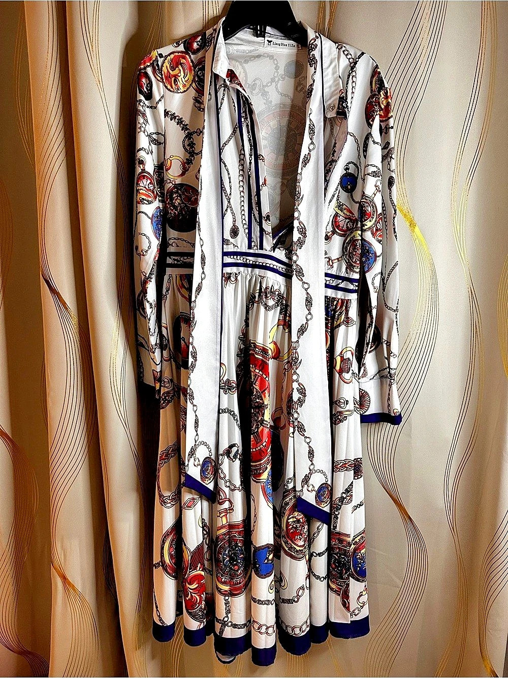 Long Dress Printed Long Sleeve Maxi Dress in White & Multicolor (Size: 6-8, S-M)